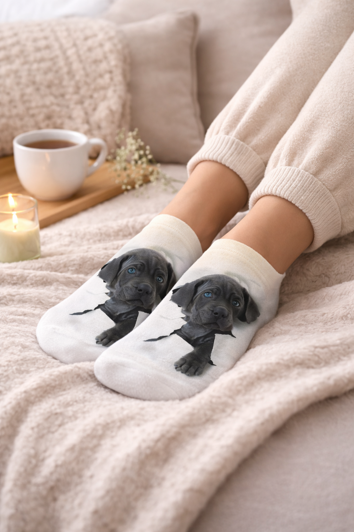 A person wearing white trainer socks printed with a black Labrador puppy dog design, sitting on a cosy beige blanket with a cup of coffee, a candle, and pillows in the background.