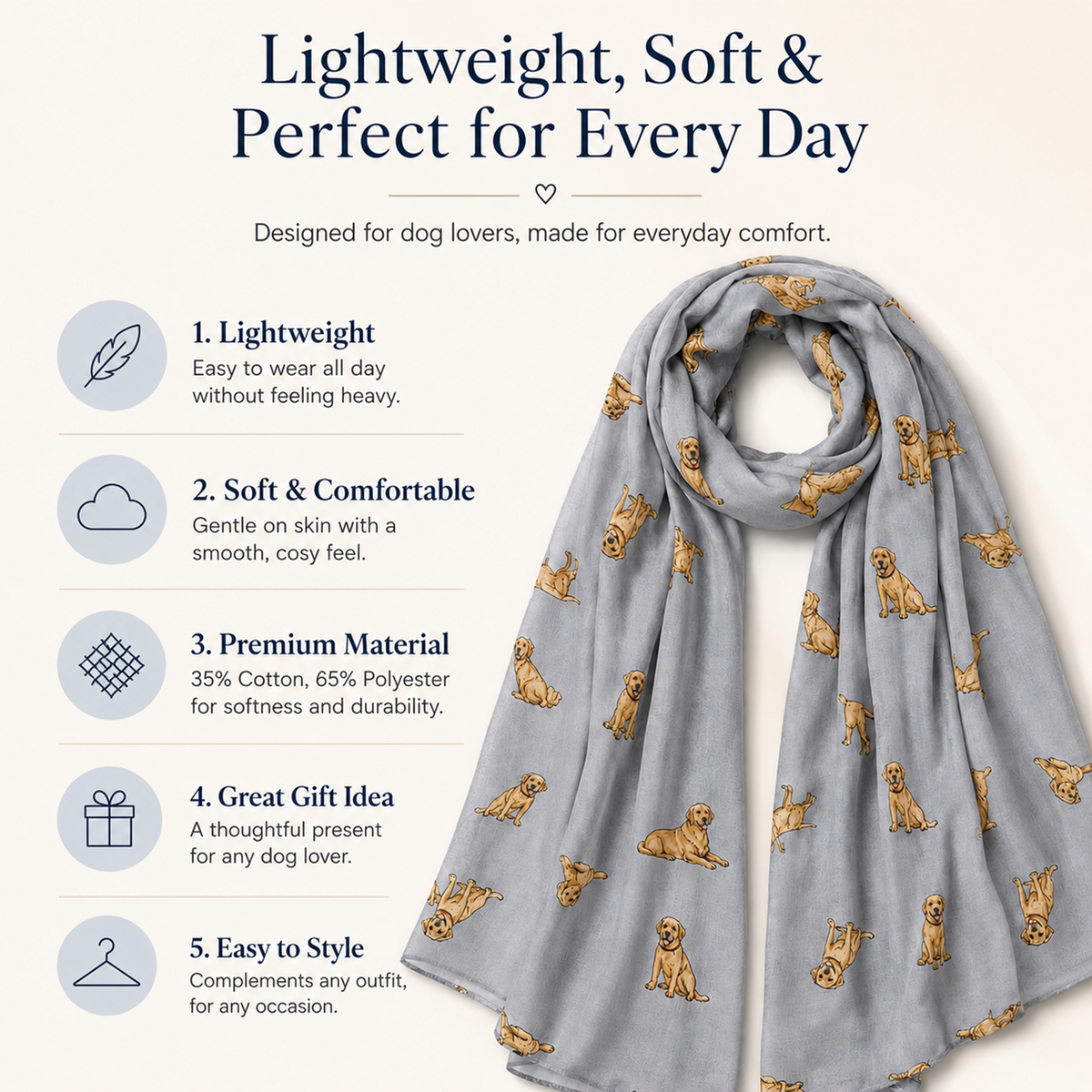 A light grey scarf with a repeating pattern of golden retriever dogs, styled against a cream background with promotional text and feature icons.
