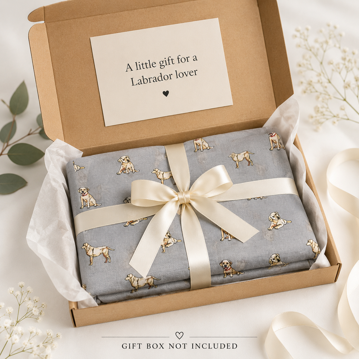 An open kraft gift box wrapped with a cream ribbon and tissue paper, containing a folded grey scarf item printed with small dog illustrations. A card inside reads, 'A little gift for a Labrador lover.