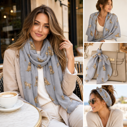 A light grey scarf with a repeating print of golden retriever dogs, shown styled on a woman in a cafe, draped over a handbag, and as a matching headband. The collage includes a main photo of the woman wearing the scarf and three smaller inset photos showing the scarf in different uses.