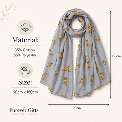 A light grey scarf with a repeating print of golden retriever dog illustrations, shown with dimension lines and text indicating material composition (35% cotton, 65% polyester) and size (90cm x 180cm). Brand name Furever Gifts appears at the bottom left.