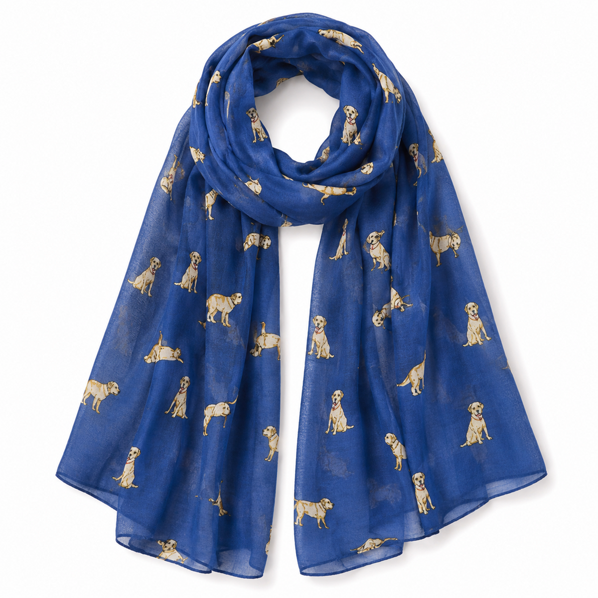 A blue scarf with a repeating print of small Labrador retriever dogs, arranged in a loose loop against a plain white background.