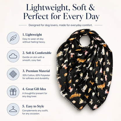 A black scarf with a colourful dog print pattern, styled on a light beige background with promotional text highlighting its lightweight, soft, and premium qualities.