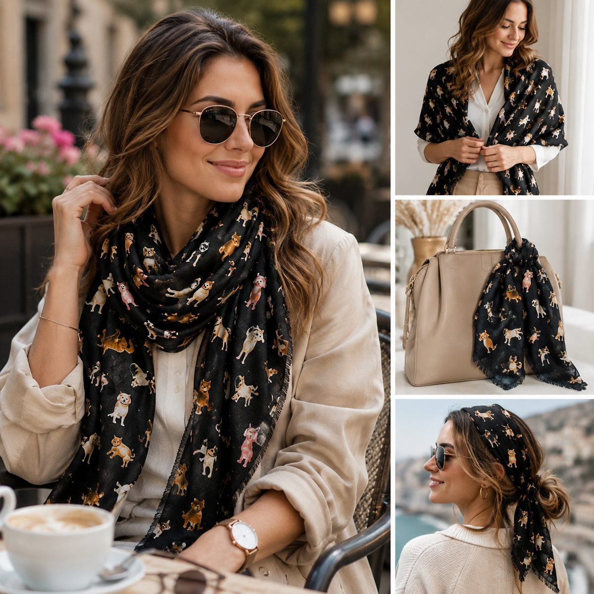 A woman wearing a black scarf with a colourful  mixed breed dog print, shown in a lifestyle collage with inset photos of the scarf styled on a handbag, as a headband, and worn with sunglasses.