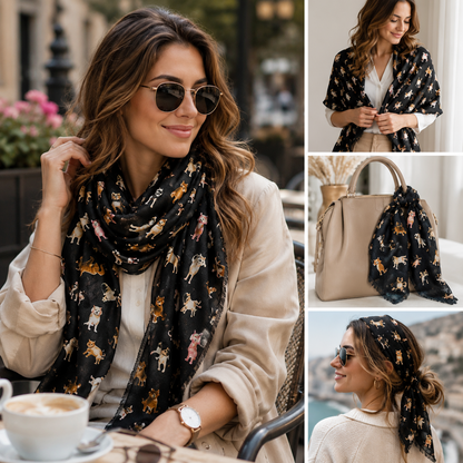 A woman wearing a black scarf with a colourful  mixed breed dog print, shown in a lifestyle collage with inset photos of the scarf styled on a handbag, as a headband, and worn with sunglasses.