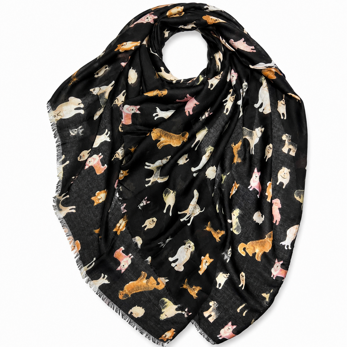 A black scarf featuring an all-over print of various dog breeds in different colours, displayed on a clean white background.