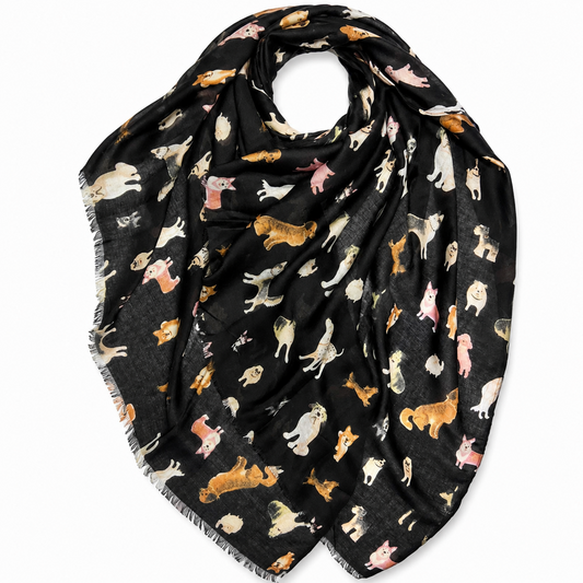 A black scarf featuring an all-over print of various dog breeds in different colours, displayed on a clean white background.