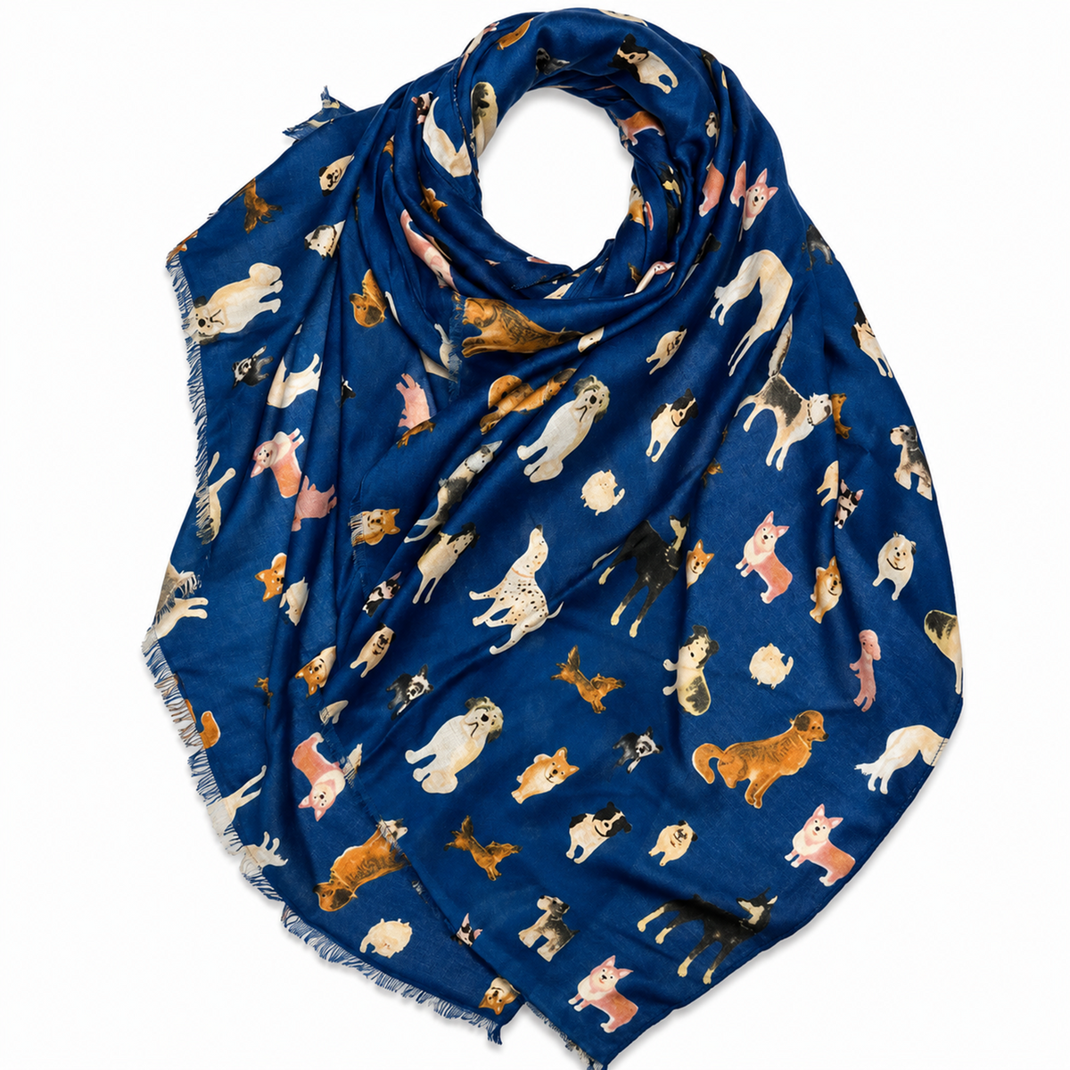 A navy blue scarf featuring an all-over print of various dog breeds in different colors, displayed on a clean white background.