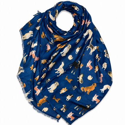 A navy blue scarf featuring an all-over print of various dog breeds in different colors, displayed on a clean white background.