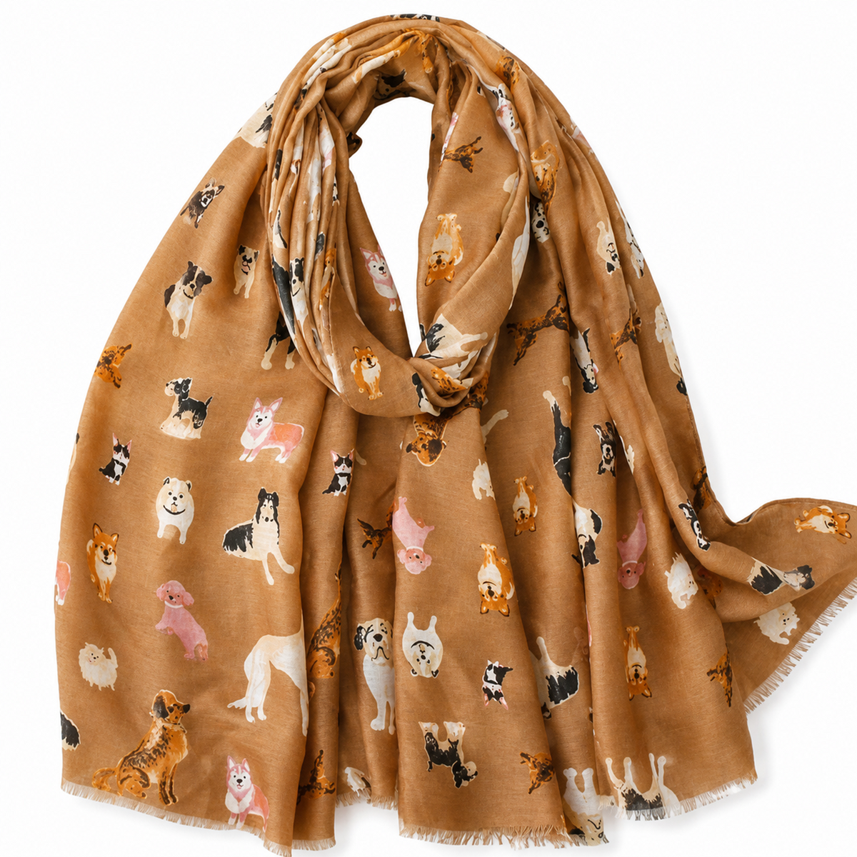 Brown scarf with dog pattern on a white background