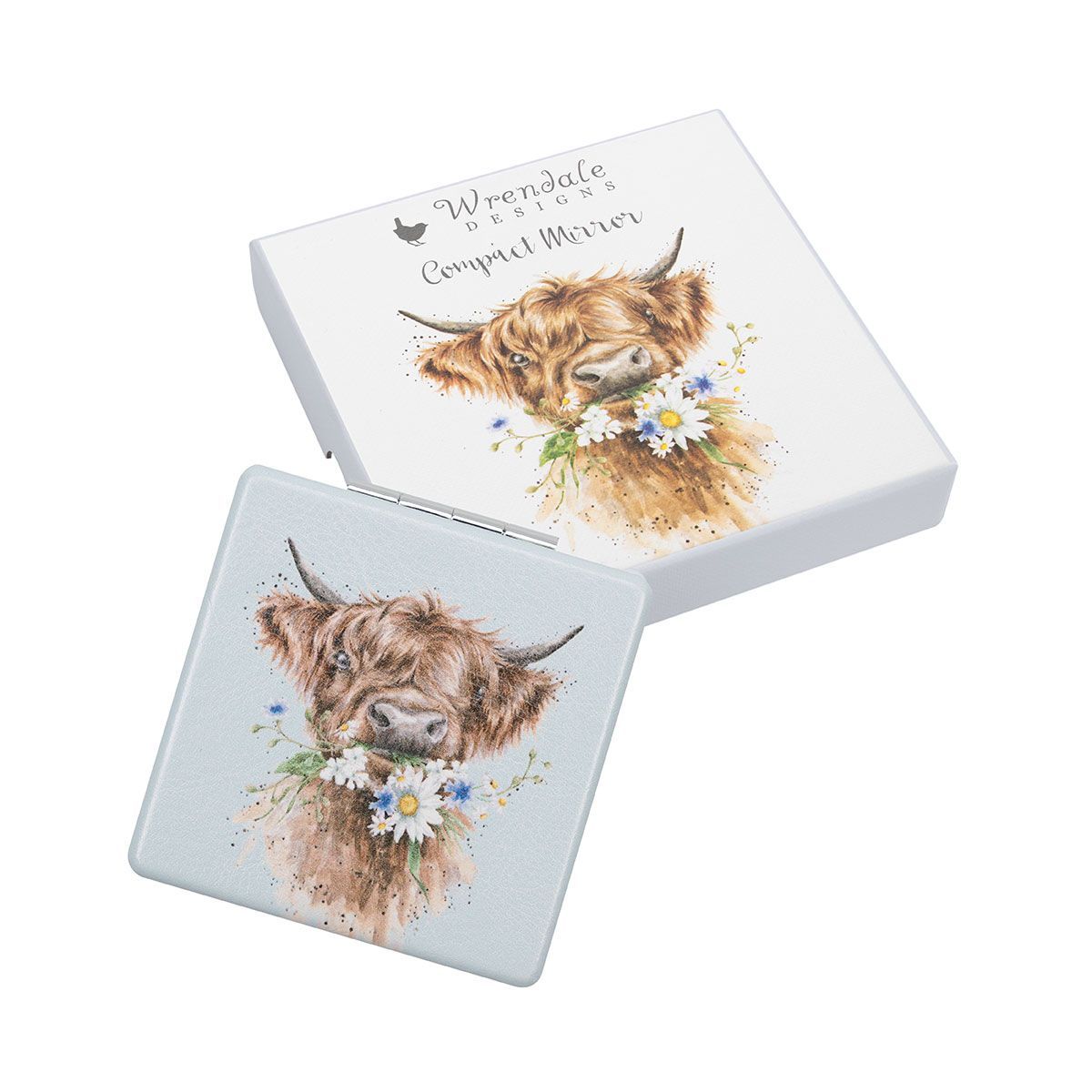 Compact mirror with highland cow design on a white background