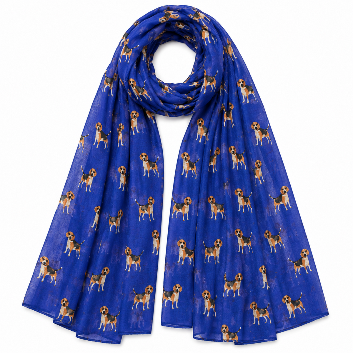 A royal blue scarf with an all-over print of small beagle dogs in tan, brown, and white, displayed against a solid white background.