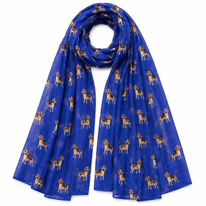 A royal blue scarf with an all-over print of small beagle dogs in tan, brown, and white, displayed against a solid white background.