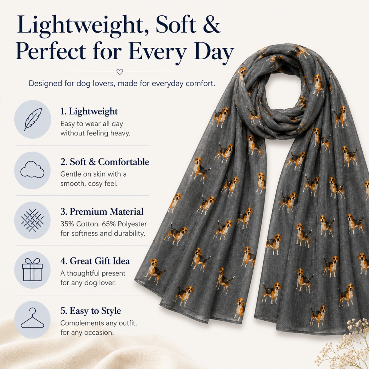 A grey lightweight scarf with an all-over print of small Beagle dogs, displayed against a light beige background with promotional text and icons about comfort, material, and gift appeal.