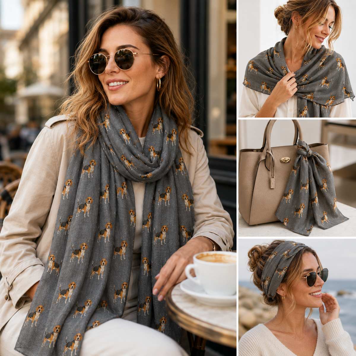 A woman wearing a grey scarf with a repeating Beagle dog print in three lifestyle views: a large seated portrait, a top-down handbag view, and a headband view. The scarf and matching accessories are shown on a model in real outdoor and cafe settings.