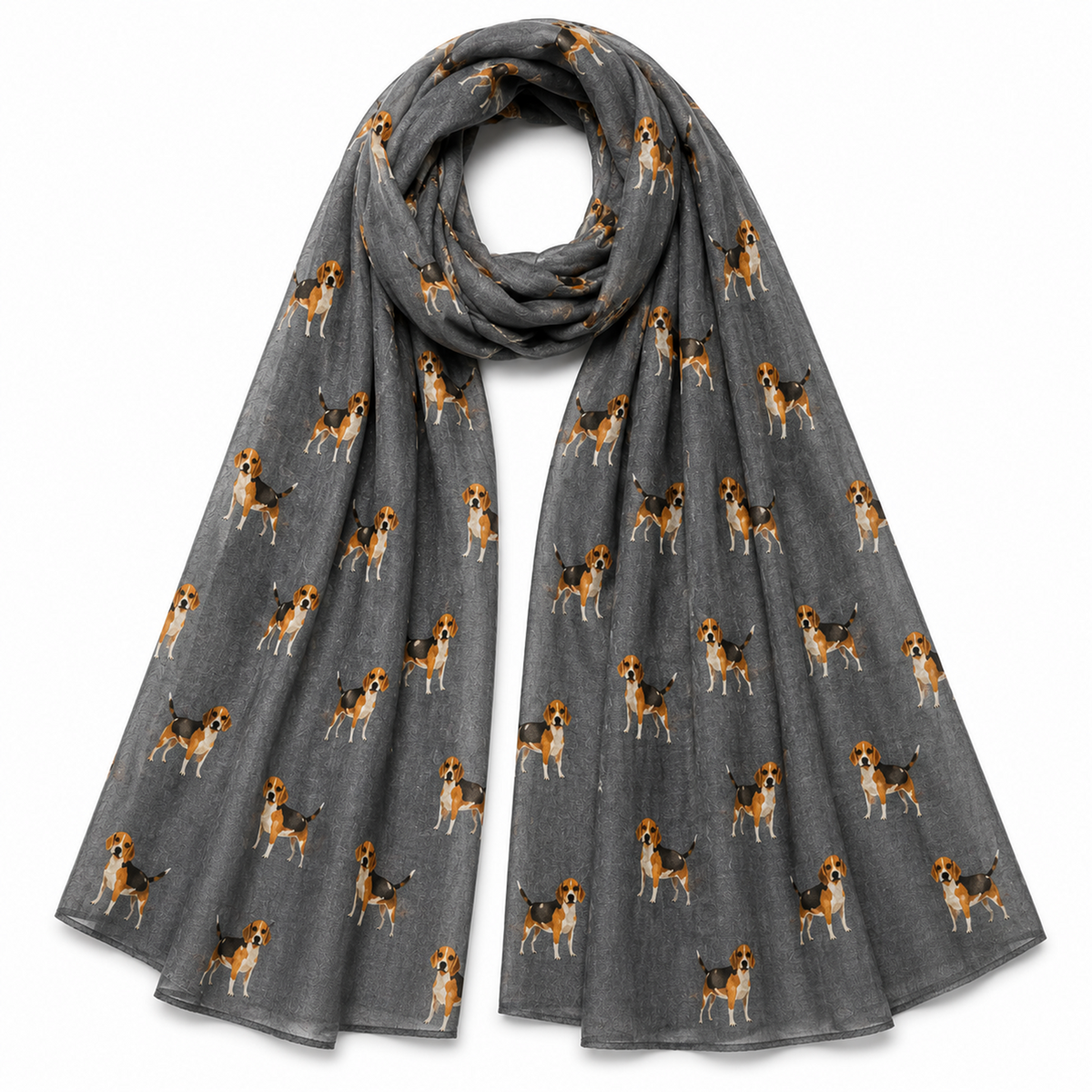 Grey scarf with Beagle dog pattern on a white background