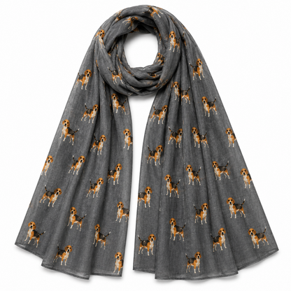 Grey scarf with Beagle dog pattern on a white background