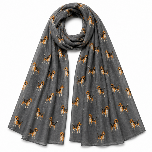 Grey scarf with Beagle dog pattern on a white background