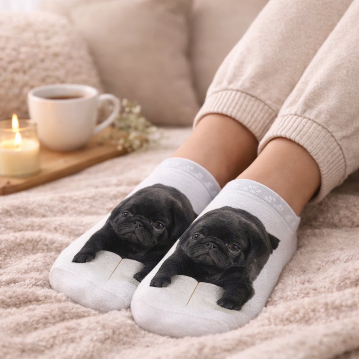 A person wearing white ankle socks printed with a black pug puppy lying on a bed, with beige sweatpants, a white mug, and a lit candle in the background.