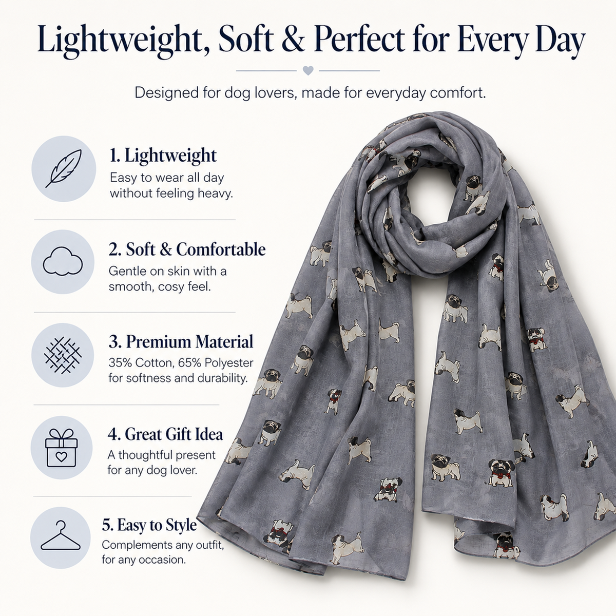 A light grey dog scarf with a repeating pattern of pug dogs, displayed on a white background with promotional text and icons highlighting its lightweight, soft, and comfortable qualities.