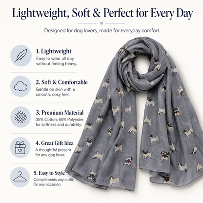 A light grey dog scarf with a repeating pattern of pug dogs, displayed on a white background with promotional text and icons highlighting its lightweight, soft, and comfortable qualities.