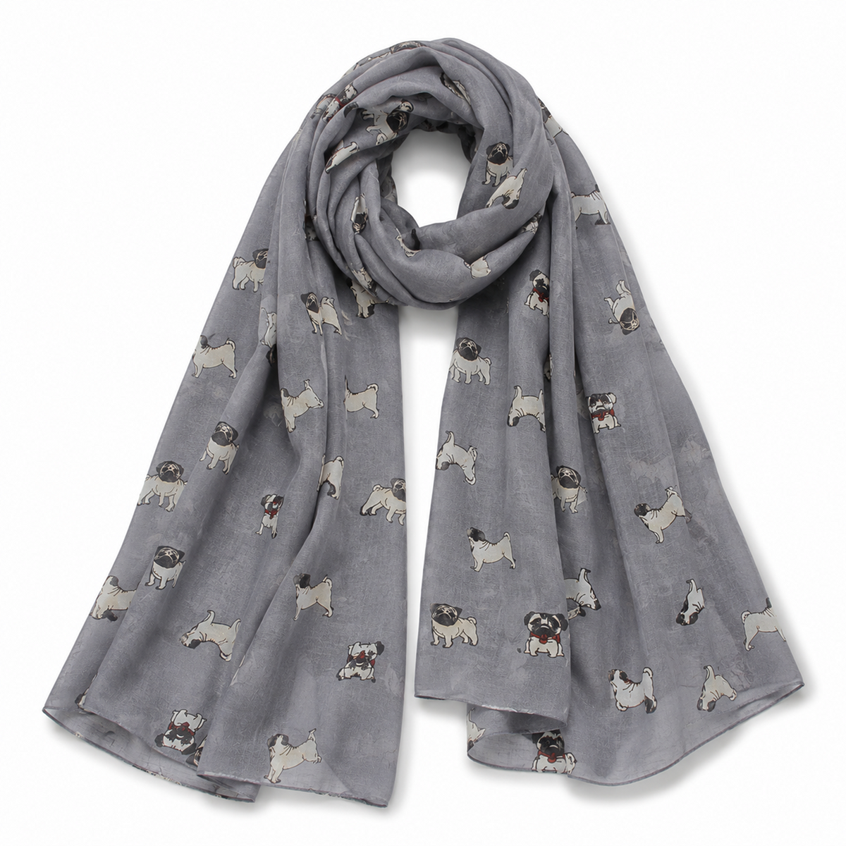 Grey scarf with pug dog pattern on a white background