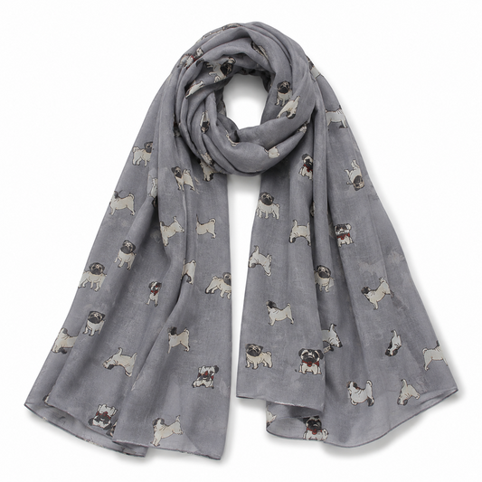 Grey scarf with pug dog pattern on a white background