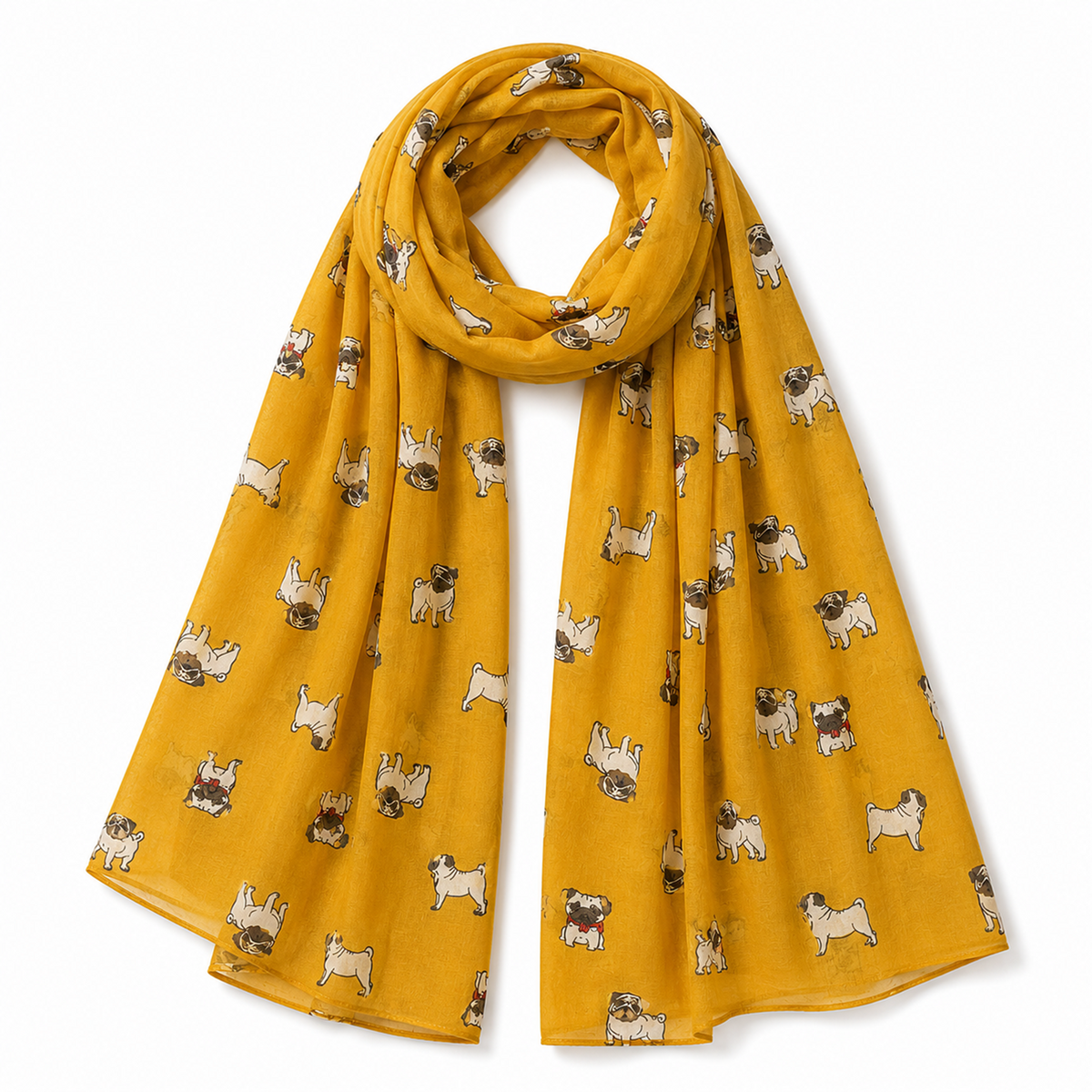A mustard scarf with a repeating pattern of pug dogs, shown draped on a white background.