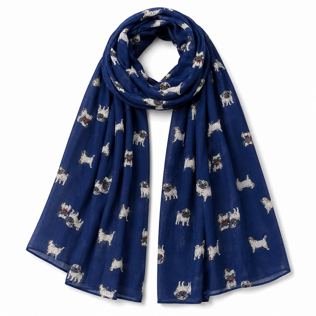 A navy blue scarf featuring a repeating pattern of pug dogs, shown on a clean white background.