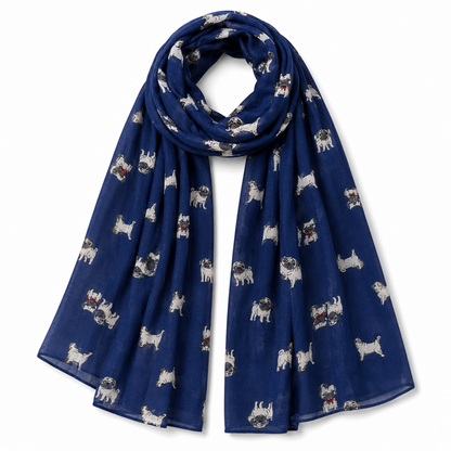A navy blue scarf featuring a repeating pattern of pug dogs, shown on a clean white background.