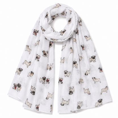 A lightweight white scarf featuring an all-over print of small pug dog illustrations, shown draped against a plain white background.