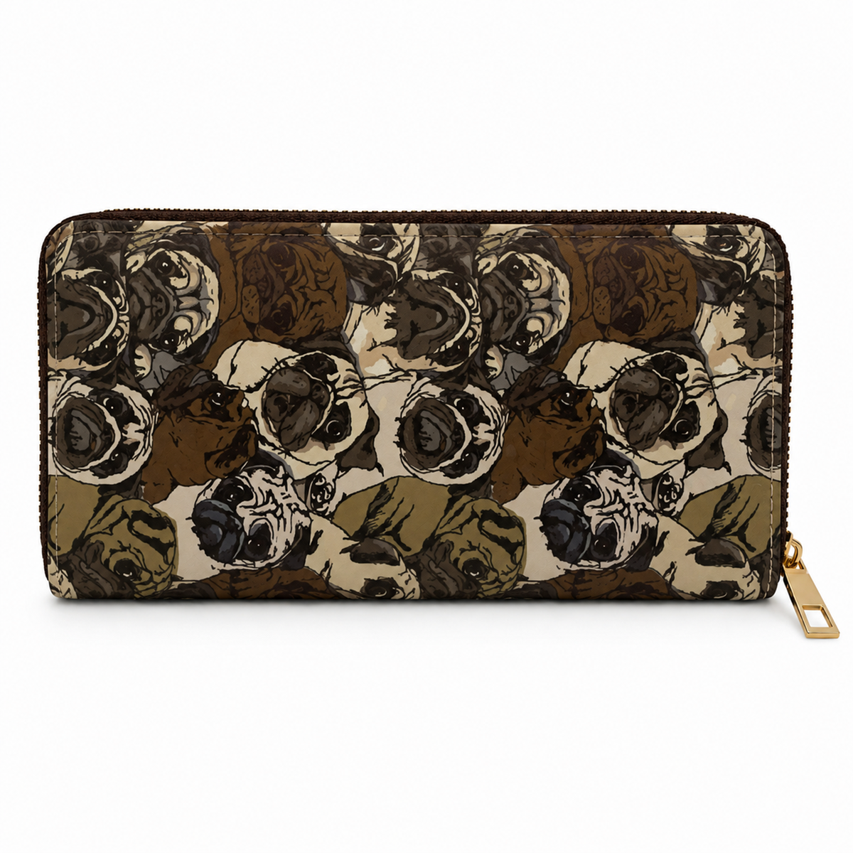 A zip-around wallet with a repeating illustrated pug dog pattern in shades of brown, beige, and black, featuring a gold-tone zipper pull on a white background.