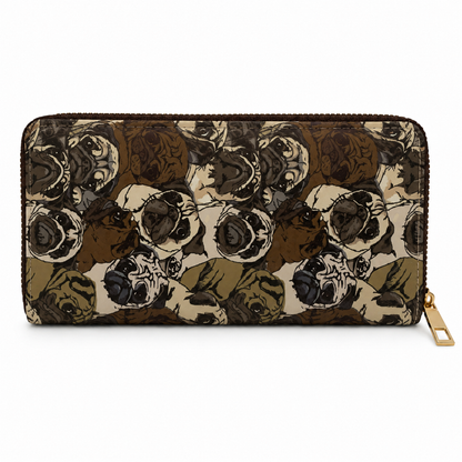 A zip-around wallet with a repeating illustrated pug dog pattern in shades of brown, beige, and black, featuring a gold-tone zipper pull on a white background.