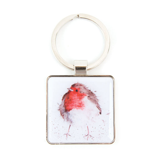A square metal keychain featuring a watercolor painting of a robin bird with a red chest and brown wings on a white background, attached to a silver split ring.