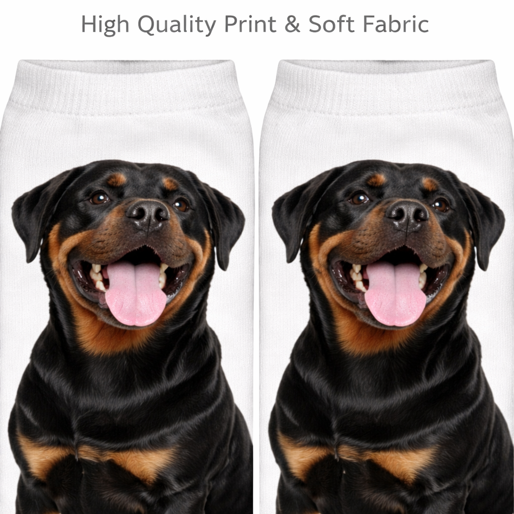 A pair of white crew socks featuring a printed graphic of a Rottweiler dog's face, shown side-by-side with the text 'High Quality Print & Soft Fabric' at the top.