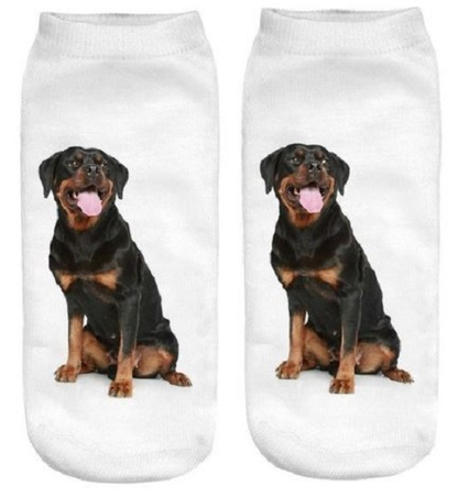 Two socks with a Rottweiler dog design on a white background