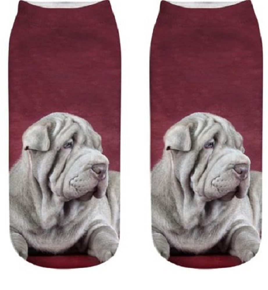 Two socks with a Shar Pei dog print on a red background