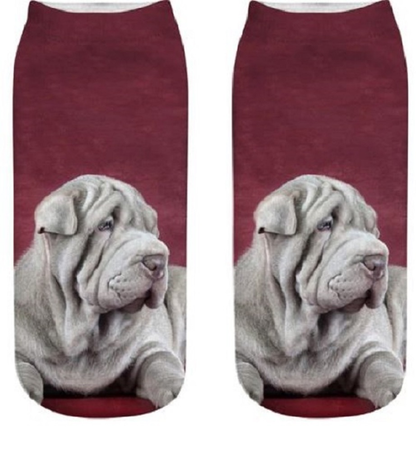 Two socks with a Shar Pei dog print on a red background
