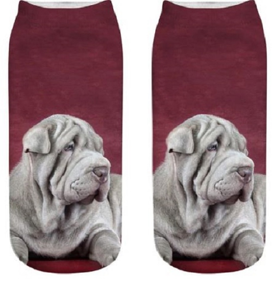 Two socks with a Shar Pei dog print on a red background