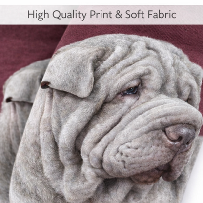 Close-up of a grey wrinkled Shar Pei dog print with a maroon background and a banner at the top reading 'High Quality Print & Soft Fabric'.