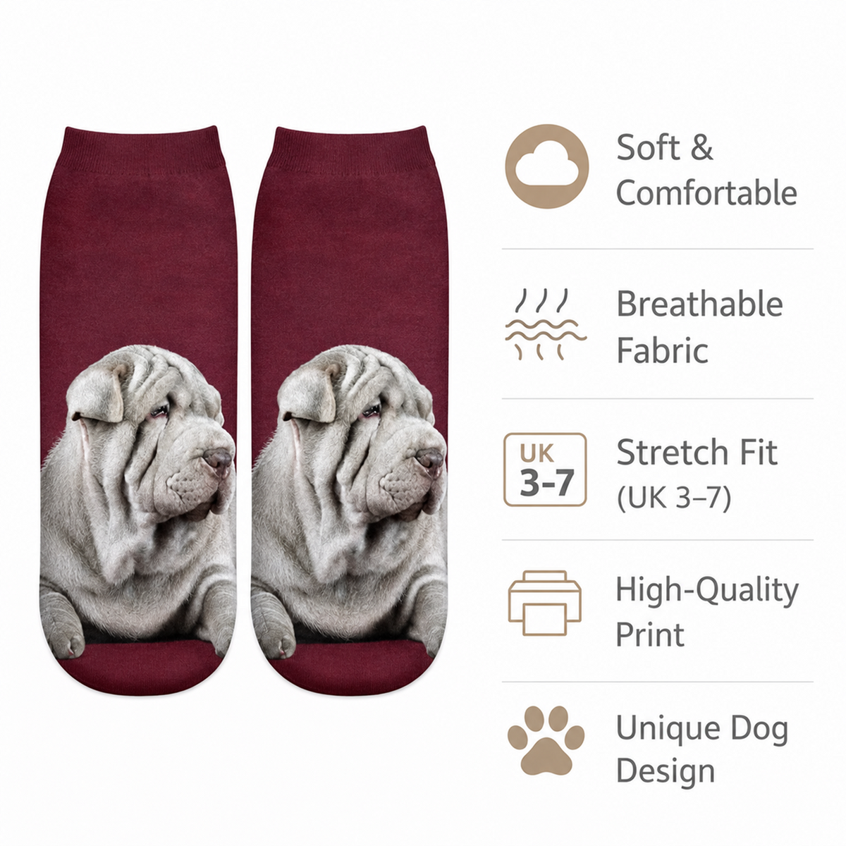 A pair of low-cut ankle socks with a printed Shar-Pei dog design on a dark burgundy background, shown next to a feature list highlighting soft comfort, breathable fabric, stretch fit, high-quality print, and a unique dog design.