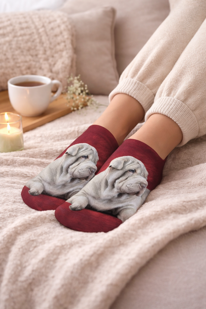 A person sitting on a cosy bed wearing dark red crew socks with a realistic grey Shar Pei dog print on the foot, with cream-colored sweatpants. A cup of coffee, a lit candle, and soft pillows are visible in the background.