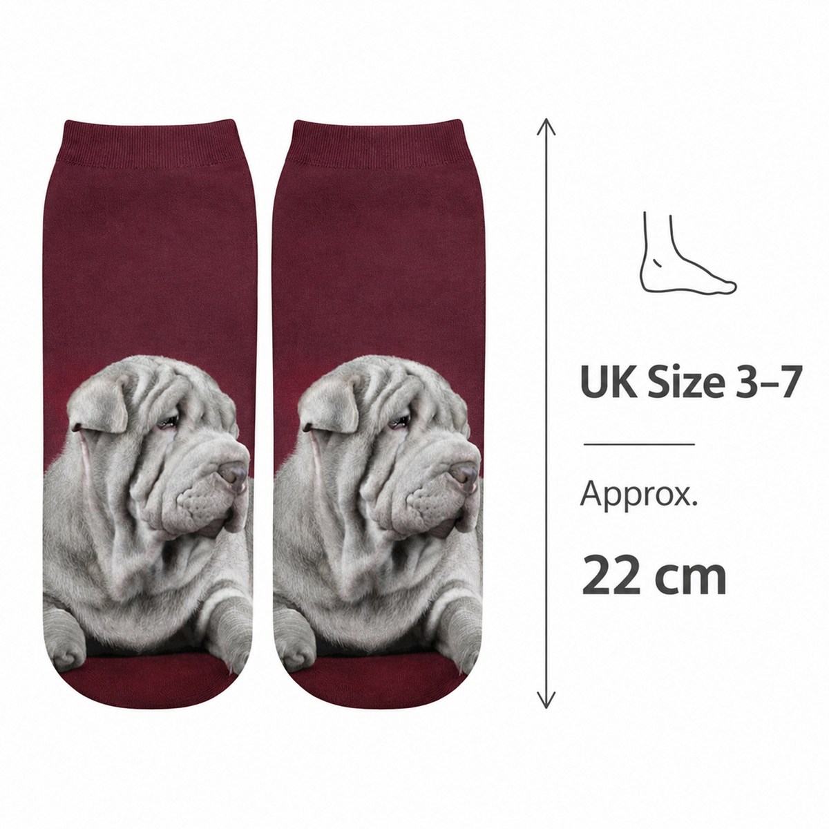 A pair of low-cut socks with a printed Sharpei dog design on a dark burgundy background, shown next to a size guide indicating UK Size 3-7 and a height of 22 cm.