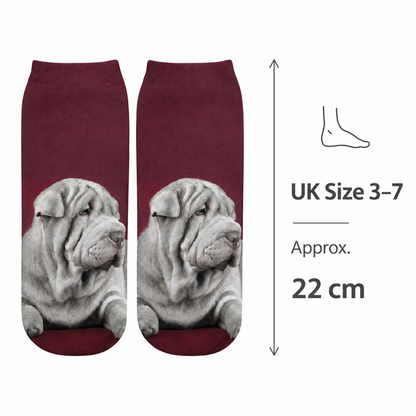 A pair of low-cut socks with a printed Sharpei dog design on a dark burgundy background, shown next to a size guide indicating UK Size 3-7 and a height of 22 cm.