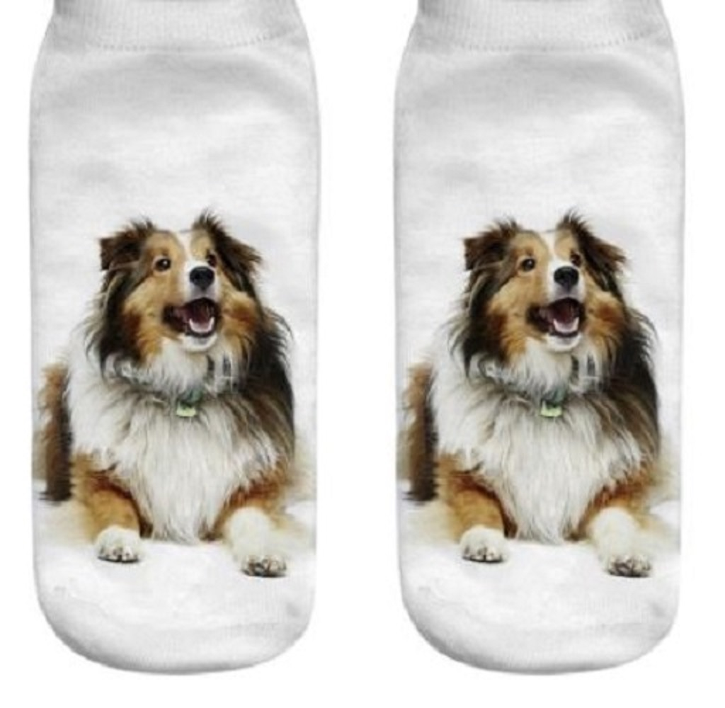 Pair of socks with a Shetland Sheepdog dog design on a white background