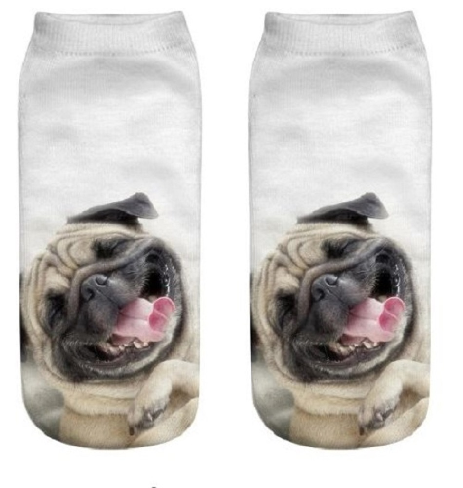 Two socks with a smiling pug dog design on a white background
