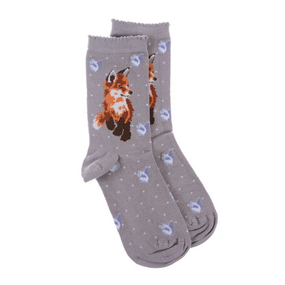 Gray socks with fox design on a white background