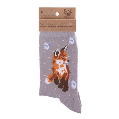 Sock with fox design and packaging on a white background