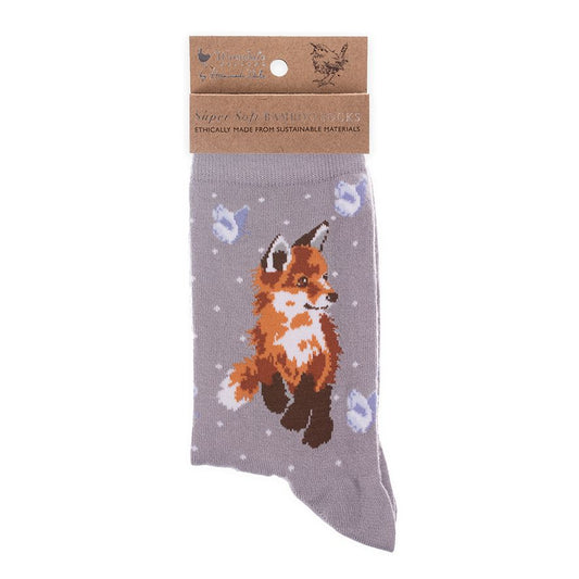 Sock with fox design and packaging on a white background