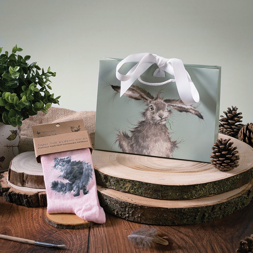 A gift set featuring a sage green haring bag with a white ribbon and a pink sock with a black cat illustration, displayed on rustic wood slices with pinecones and a small potted plant.